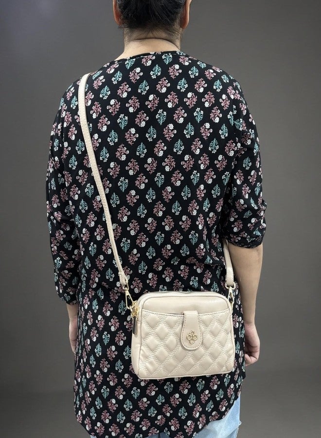 GLOSSY Quilted PU Sling Bag For Women, 2 Zip Compartments with Detachable Straps (Beige) - Image 5